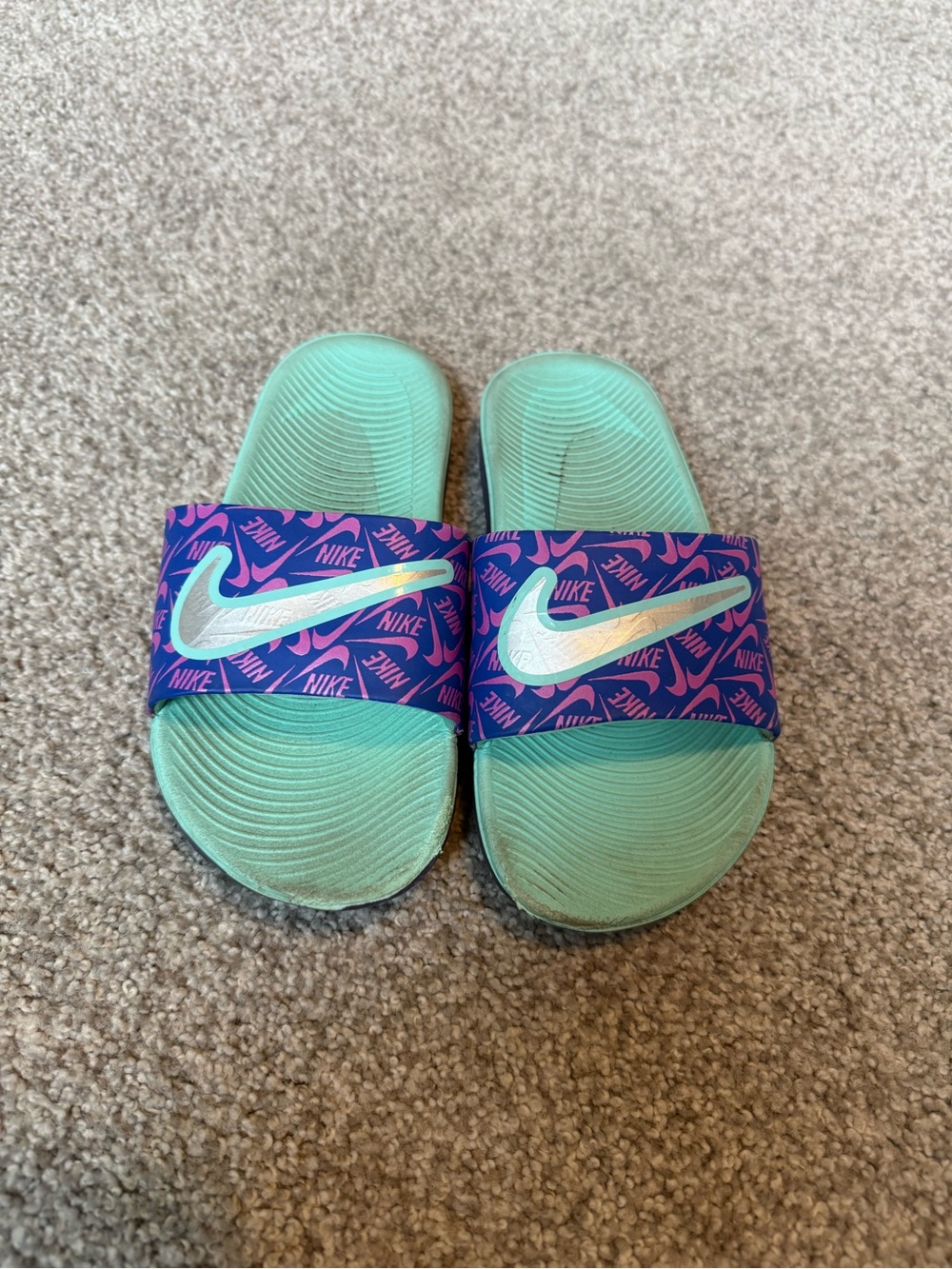 Nike Kids Teal Purple Strap Slide Sandals with Pink Accents. Size 1 girls